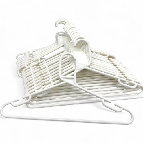 White Heavy Duty 41.5cm Plastic Hangers with Trouser Bar and Shoulder Notches, close product view on a white background, tight, centred square layout