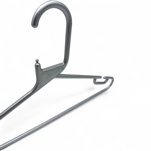 Silver Grey Heavy Duty 41.5cm Plastic Hangers with Trouser Bar and Shoulder Notches, close product view against a light background, tight, left-balanced square layout