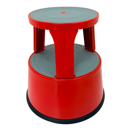 Durable Red Steel Kick Step Stool Non-Slip Portable for Home Office Warehouse, full-height product view on a white background, full-height product photograph