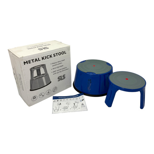 Durable Blue Steel Kick Step Stool Non-Slip Portable for Home Office Warehouse, product shown on a white background