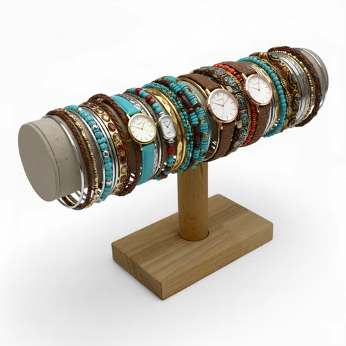 Wooden Cream T-Bar Watch Jewellery Display Stand Holder Organizer for bracelet, close product view on a white background, balanced, centred square layout