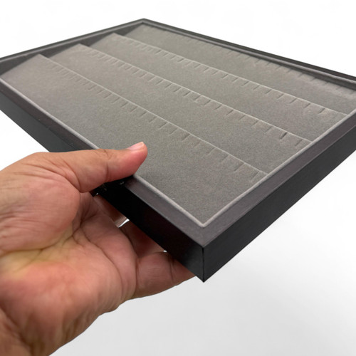 Dark Wood Anthracite Suede Earring Display Tray 35×24×2.5cm, 100 Notches