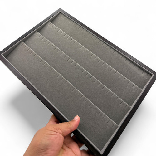 Dark Wood Anthracite Suede Earring Display Tray 35×24×2.5cm, 100 Notches, close product view on a white background