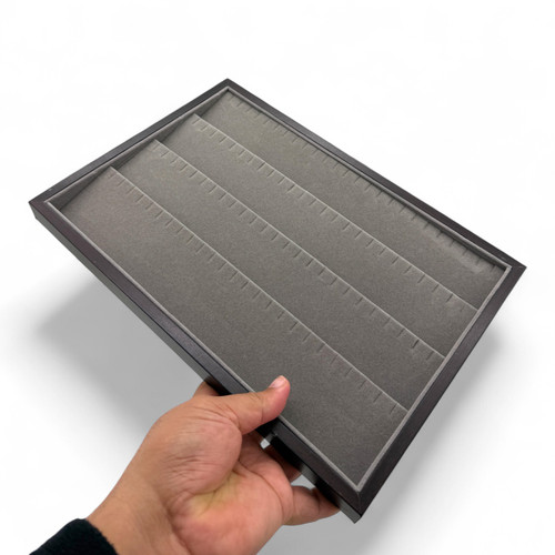 Dark Wood Anthracite Suede Earring Display Tray 35×24×2.5cm, 100 Notches, close product view against a light background