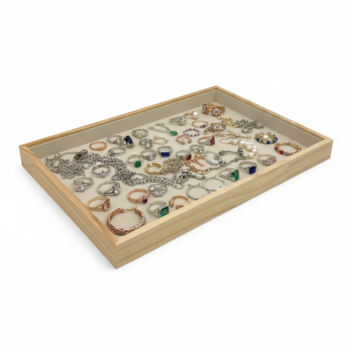 Classic Velvet-Lined Wood Jewellery, Ring Organizer Tray Beige 35×24×3cm, product shown on a white background, brightly lit product image