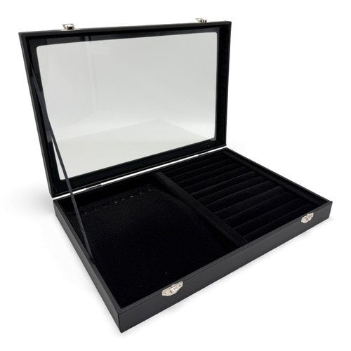 Black Leatherette Glass-Lid Jewelry Box Organizer for Rings, Chains, Earrings, close product view against a light background