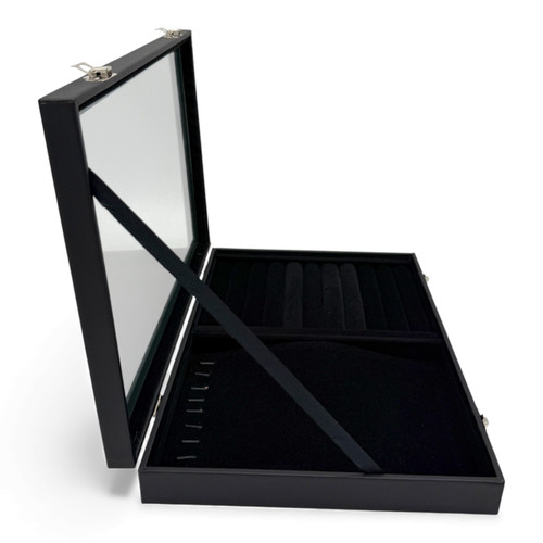 Black Leatherette Glass-Lid Jewelry Box Organizer for Rings, Chains, Earrings, close product view against a light background, close product photograph