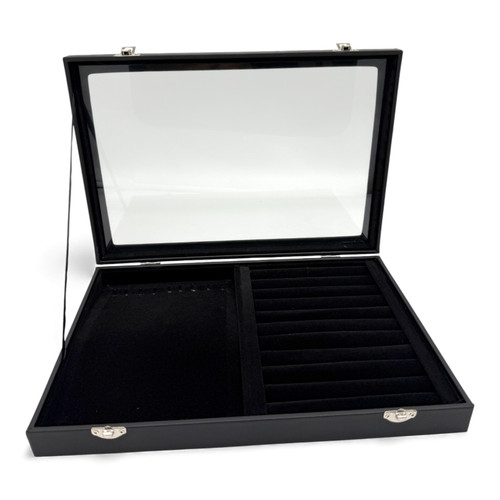 Black Leatherette Glass-Lid Jewelry Box Organizer for Rings, Chains, Earrings, close product view against a light background, tight, centred square layout