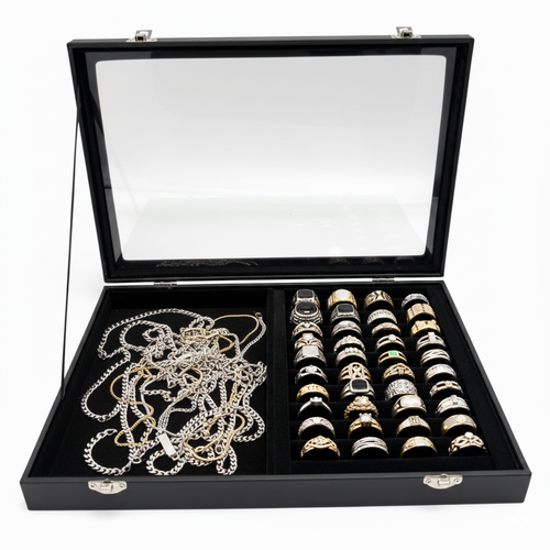 Black Leatherette Glass-Lid Jewelry Box Organizer for Rings, Chains, Earrings