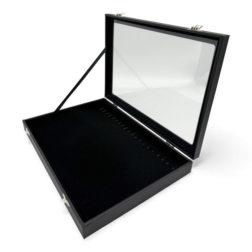 Black Leatherette Glass-Lid Jewelry Box for Chains and Bracelets Storage