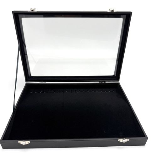 Black Leatherette Glass-Lid Jewelry Box for Chains and Bracelets Storage