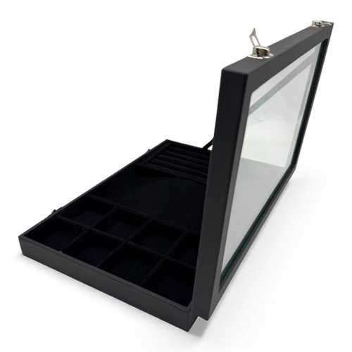Black Leatherette Glass-Lid Jewelry Box for Chains, Earrings, and Rings