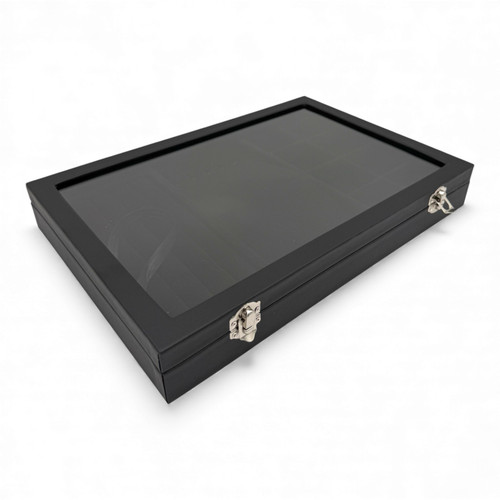 Black Leatherette Glass-Lid Jewelry Box for Chains, Earrings, and Rings