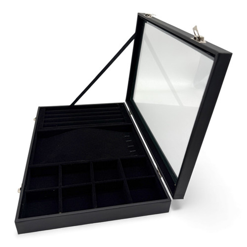 Black Leatherette Glass-Lid Jewelry Box for Chains, Earrings, and Rings