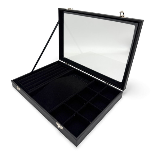 Black Leatherette Glass-Lid Jewelry Box for Chains, Earrings, and Rings
