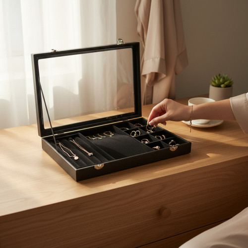 Black Leatherette Glass-Lid Jewelry Box for Chains, Earrings, and Rings