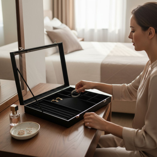 Black Leatherette Glass-Lid Jewelry Box for Chains, Earrings, and Rings