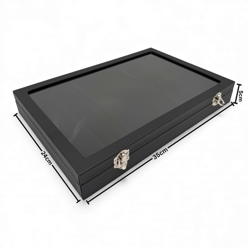 Black Leatherette Glass-Lid Jewelry Box for Chains, Earrings, and Rings, dimension guide on a white background