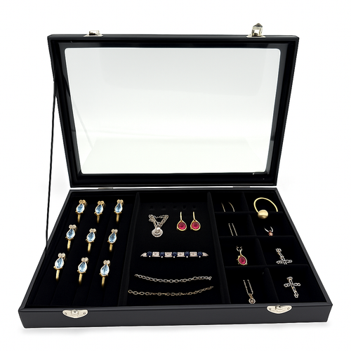 Black Leatherette Glass-Lid Jewelry Box for Chains, Earrings, and Rings
