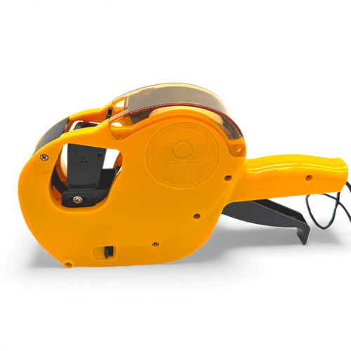 Yellow MX-2612 Price Marking Gun with 8-Track Head & Spare Ink Roller, printed product shown on a white background