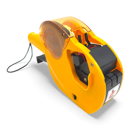 Yellow MX-2612 Price Marking Gun with 8-Track Head & Spare Ink Roller, close product view on a white background, close product photograph