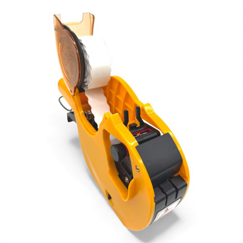 Yellow MX-2612 Price Marking Gun with 8-Track Head & Spare Ink Roller, printed product shown on a white background, full-height product photograph