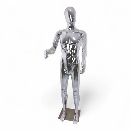 Male Faceless Glossy Chrome Display Egg Head Mannequin, full-height product view on a white background, gallery image 13 of 17