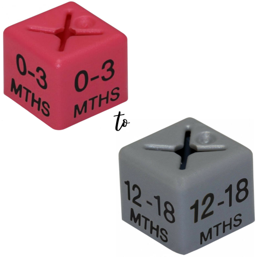 Pack of 50 Kids Clothing Hanger Age Size Cubes – 0–3 to 12–18 Months