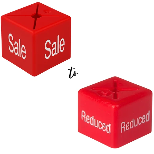 Pack of 50 Sale Promo Hanger Size Cubes, dimension guide against a light background