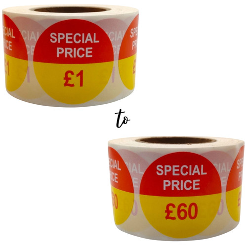 Roll of 500 Special Price Self-Adhesive Stickers – 40mm Retail Labels £1-£60