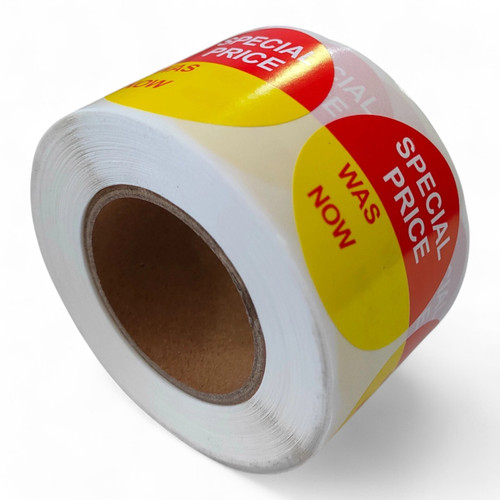 Roll of 500 Special Price Was Now/Blank Self-Adhesive Stickers, close product view on a white background, evenly lit product image