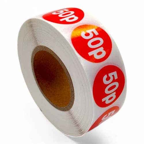 Roll of 1000 Red Price Stickers, close product view on a white background, tight, centred square layout