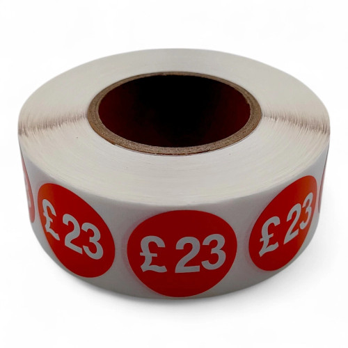Roll of 1000 Red Price Stickers, close product view on a white background, balanced, centred square layout