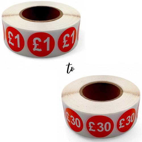 Roll of 1000 Red Price Stickers – 25mm Self-Adhesive Retail Labels £1–£30