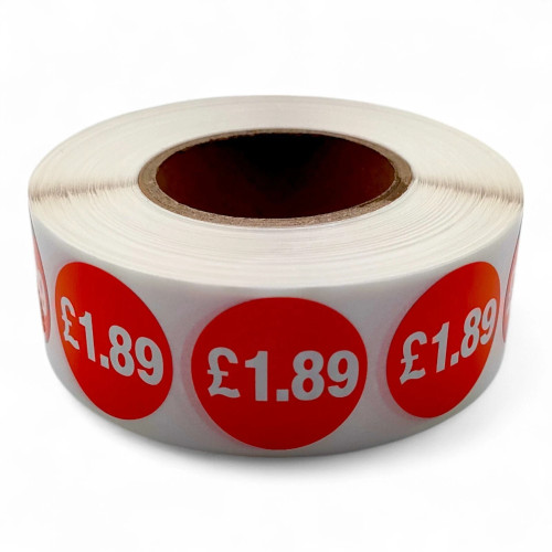 Roll of 1000 Red Price Stickers – 25mm Self-Adhesive Retail Labels £1.25–£14.99