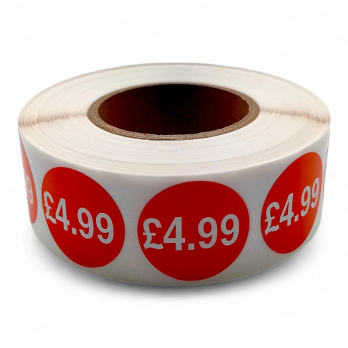 Roll of 1000 Red Price Stickers – 25mm Self-Adhesive Retail Labels £1.25–£14.99