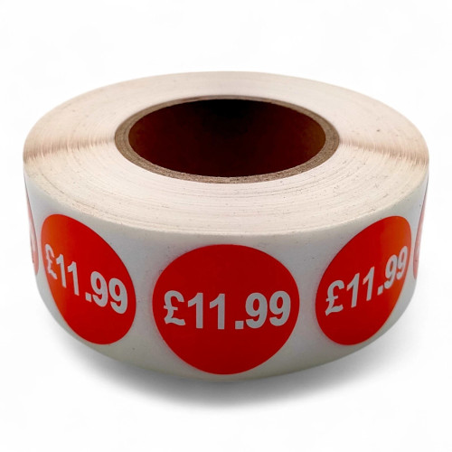 Roll of 1000 Red Price Stickers – 25mm Self-Adhesive Retail Labels £1.25–£14.99