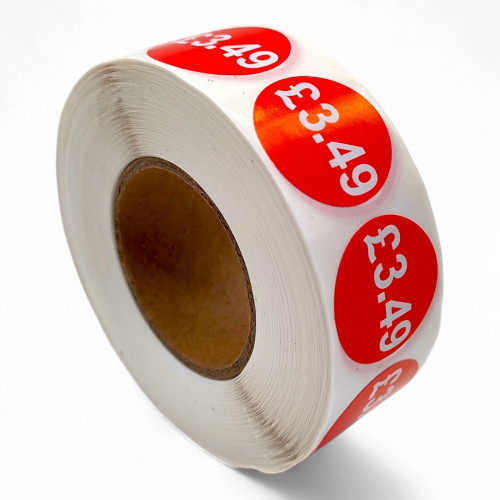 Roll of 1000 Red Price Stickers – 25mm Self-Adhesive Retail Labels £1.25–£14.99