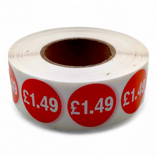 Roll of 1000 Red Price Stickers – 25mm Self-Adhesive Retail Labels £1.25–£14.99