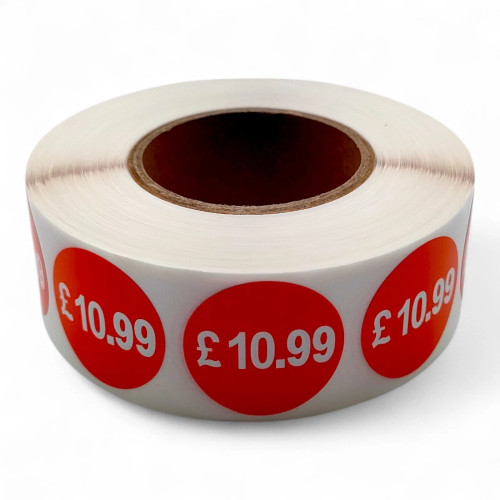 Roll of 1000 Red Price Stickers – 25mm Self-Adhesive Retail Labels £1.25–£14.99