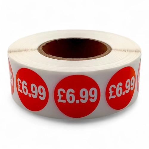 Roll of 1000 Red Price Stickers – 25mm Self-Adhesive Retail Labels £1.25–£14.99