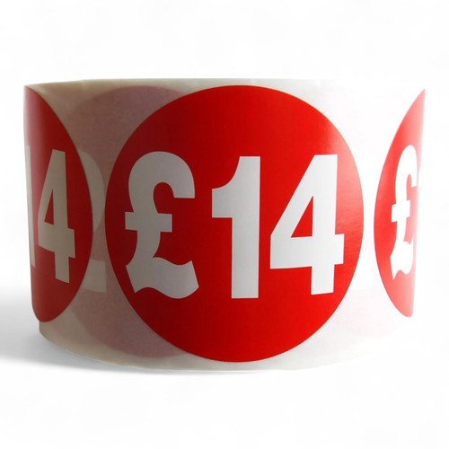Roll of 500 Red Price Stickers – 45mm Self-Adhesive Labels £1–£100