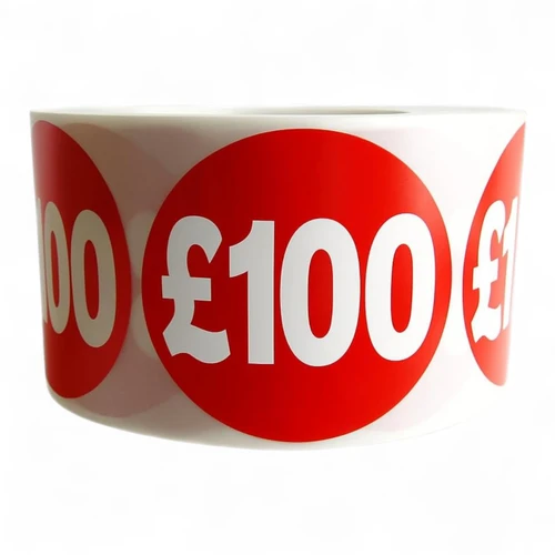 Roll of 500 Red Price Stickers, printed product shown on a white background