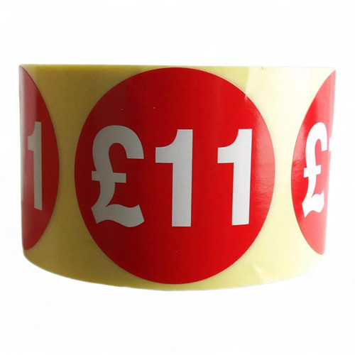 Roll of 500 Red Price Stickers, printed product shown on a white background, evenly lit product image