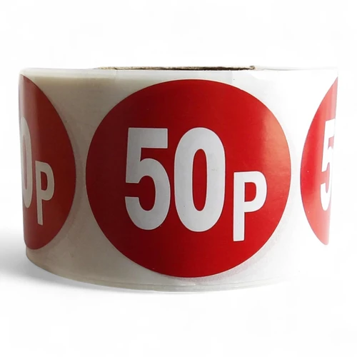 Roll of 500 Red Price Stickers, printed product shown on a white background