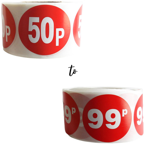 Roll of 500 Red Price Stickers – 45mm Self-Adhesive Labels 50p–99p