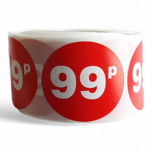 Roll of 500 Red Price Stickers, printed product shown on a white background, balanced, centred square layout