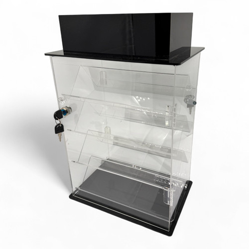 Large Clear Acrylic Rotating Display Cabinet with Lock, close product view on a white background, tight, centred square layout