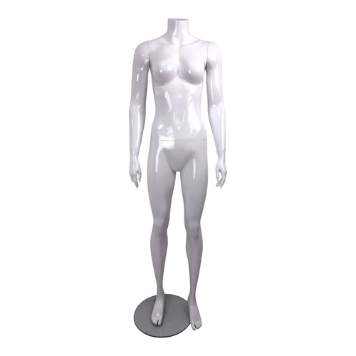 Fiberglass Headless Female Mannequin Glossy White with Glass Stand, full-height product view on a white background