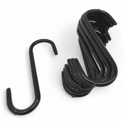 Pack of 10 Black PVC Coated Heavy Duty S Hooks, close product view on a white background, tight, centred square layout